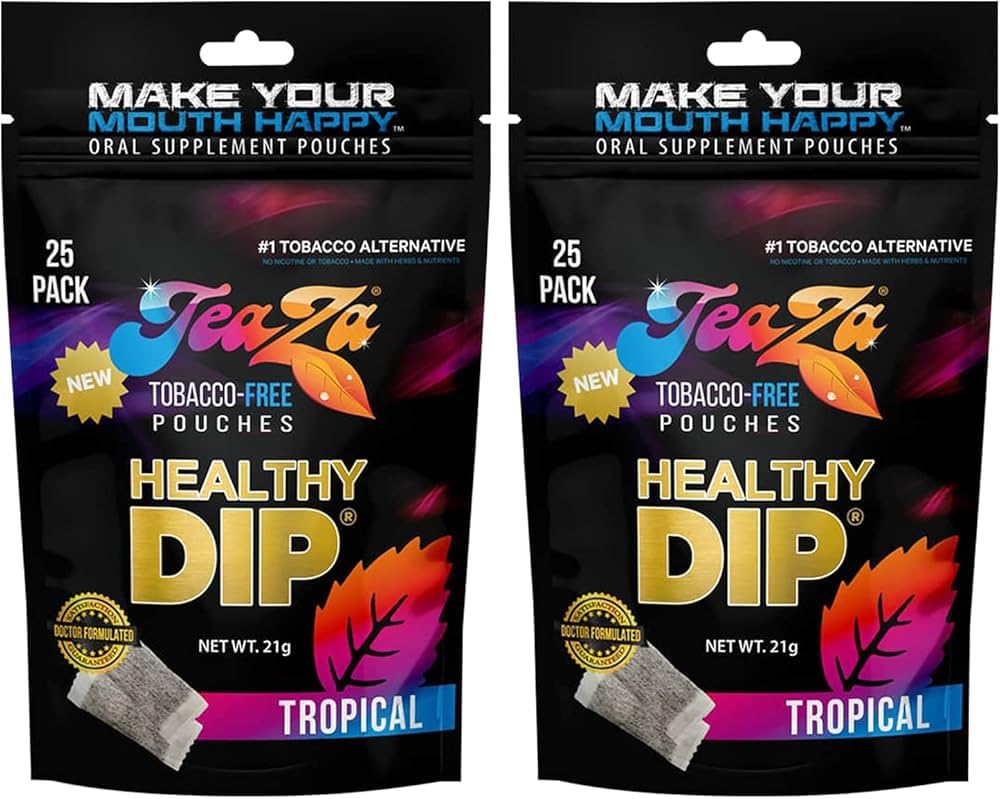TeaZa Tropical Energy Pouches pack in hand, nicotine-free dip alternative.