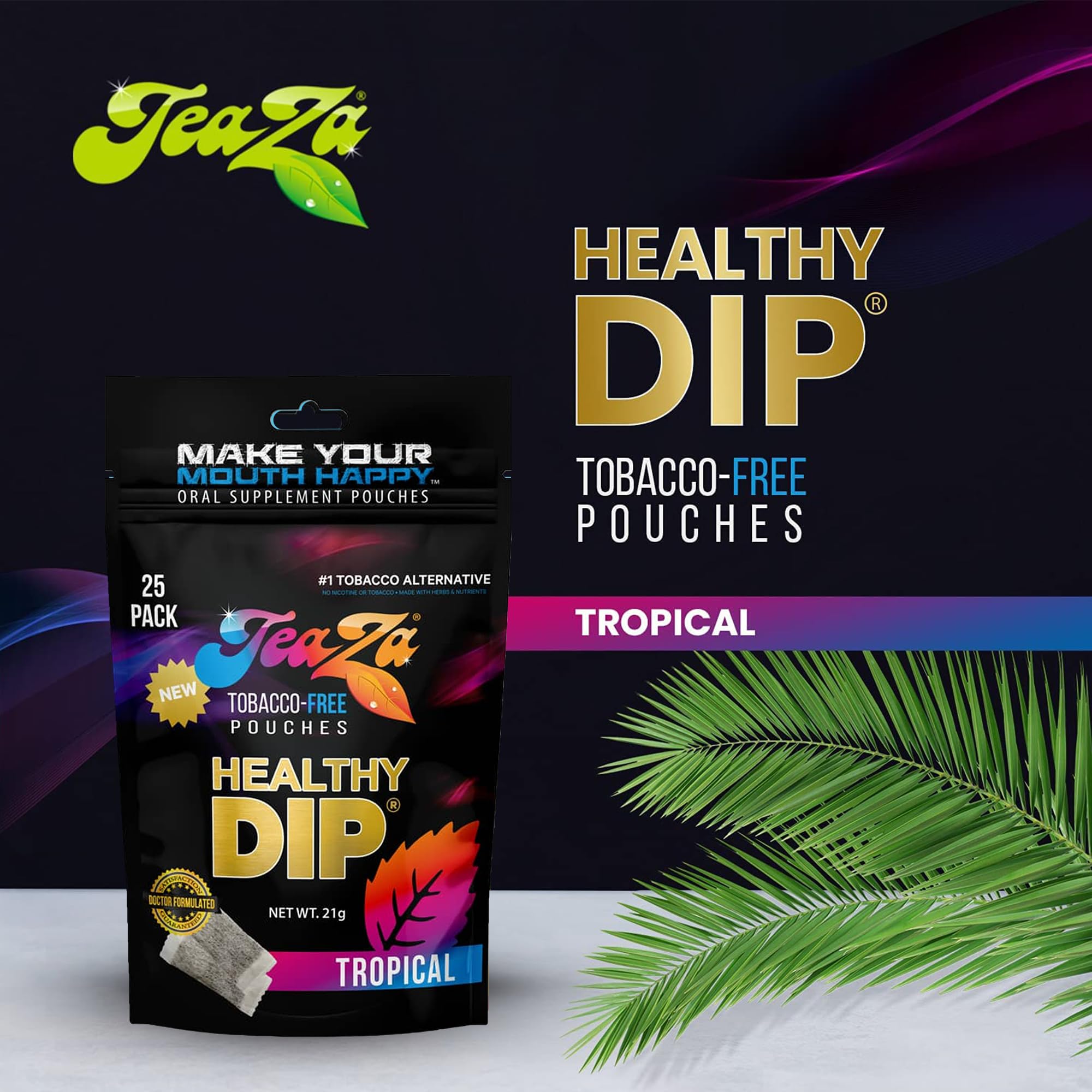 TeaZa Zip pouch with tropical branding, portable energy snack.