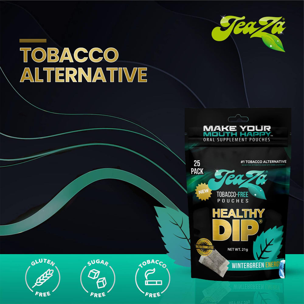 TeaZa Wintergreen Energy pouches, close-up, crisp texture and natural flavor for lasting freshness.