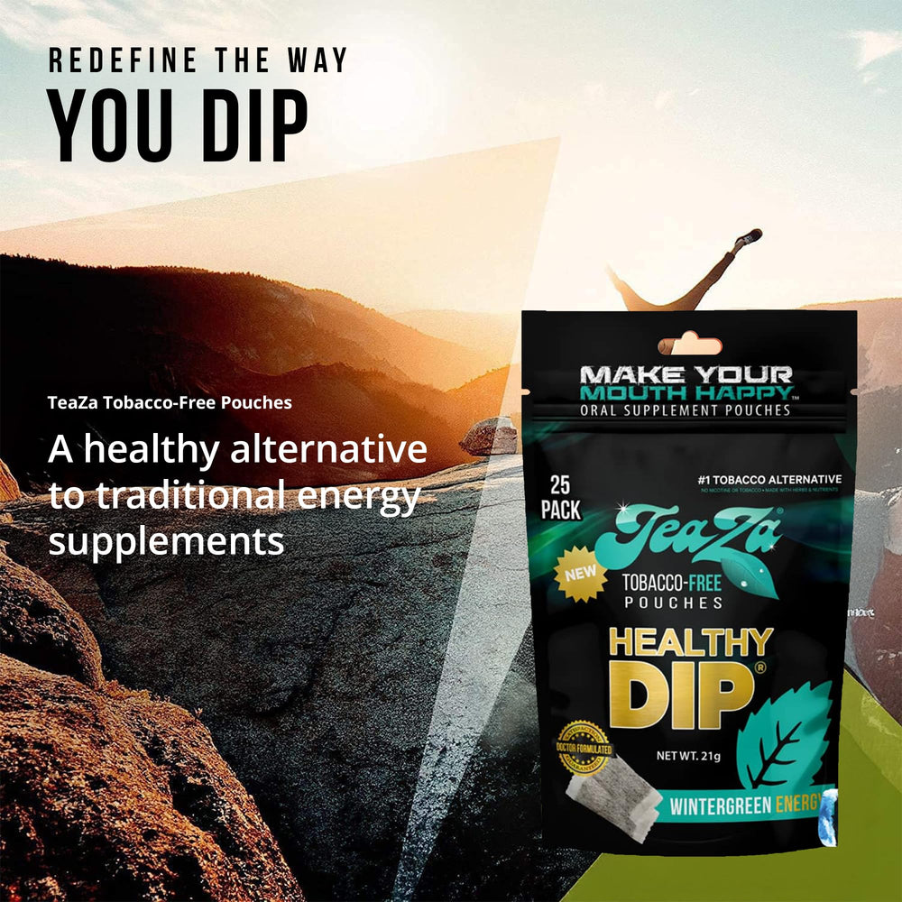 TeaZa Wintergreen Energy pouches from a dispensed bag for on-the-go energy.