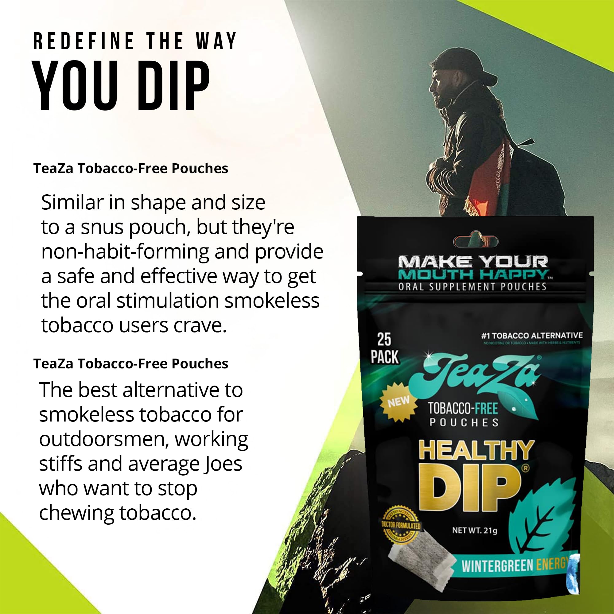 TeaZa Wintergreen Energy pouches in hand, easy-to-use outdoors and work alternative.
