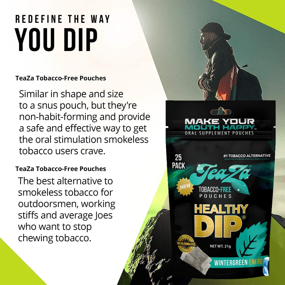 TeaZa Wintergreen Energy pouches in hand, easy-to-use outdoors and work alternative.