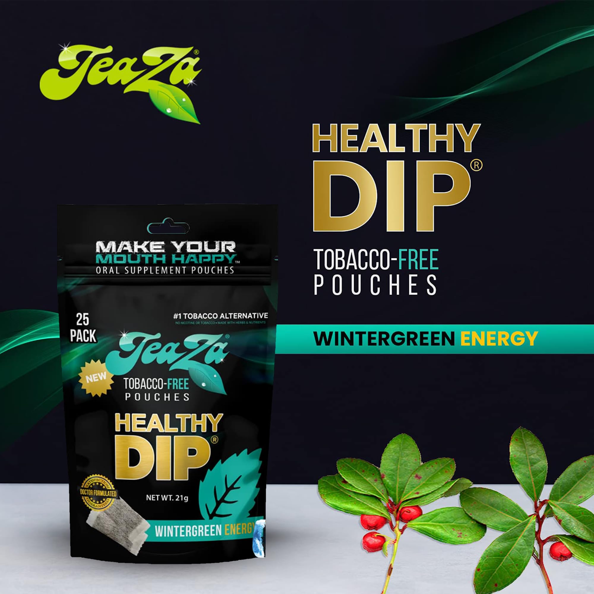 TeaZa Wintergreen Energy pouches label close-up, clear branding and health-forward option.