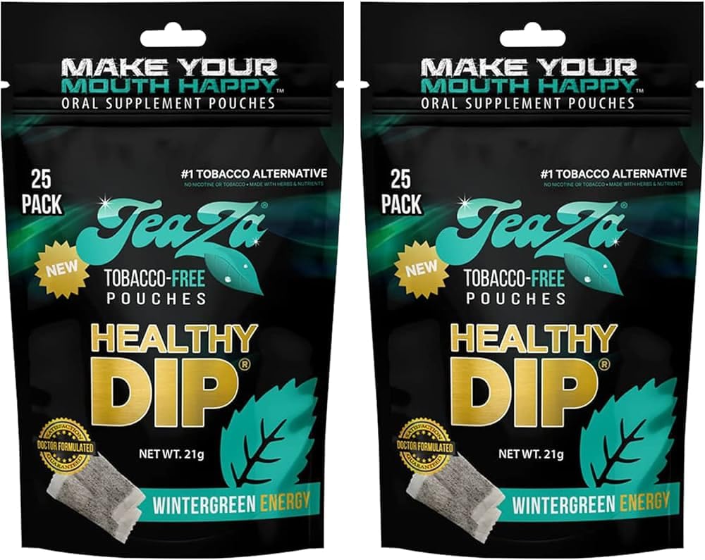 TeaZa Wintergreen Energy pouches, pack front view, nicotine-free dip option for focused energy.
