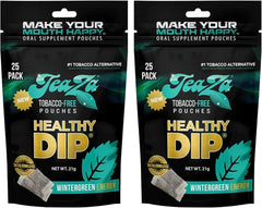 TeaZa Wintergreen Energy pouches, pack front view, nicotine-free dip option for focused energy.