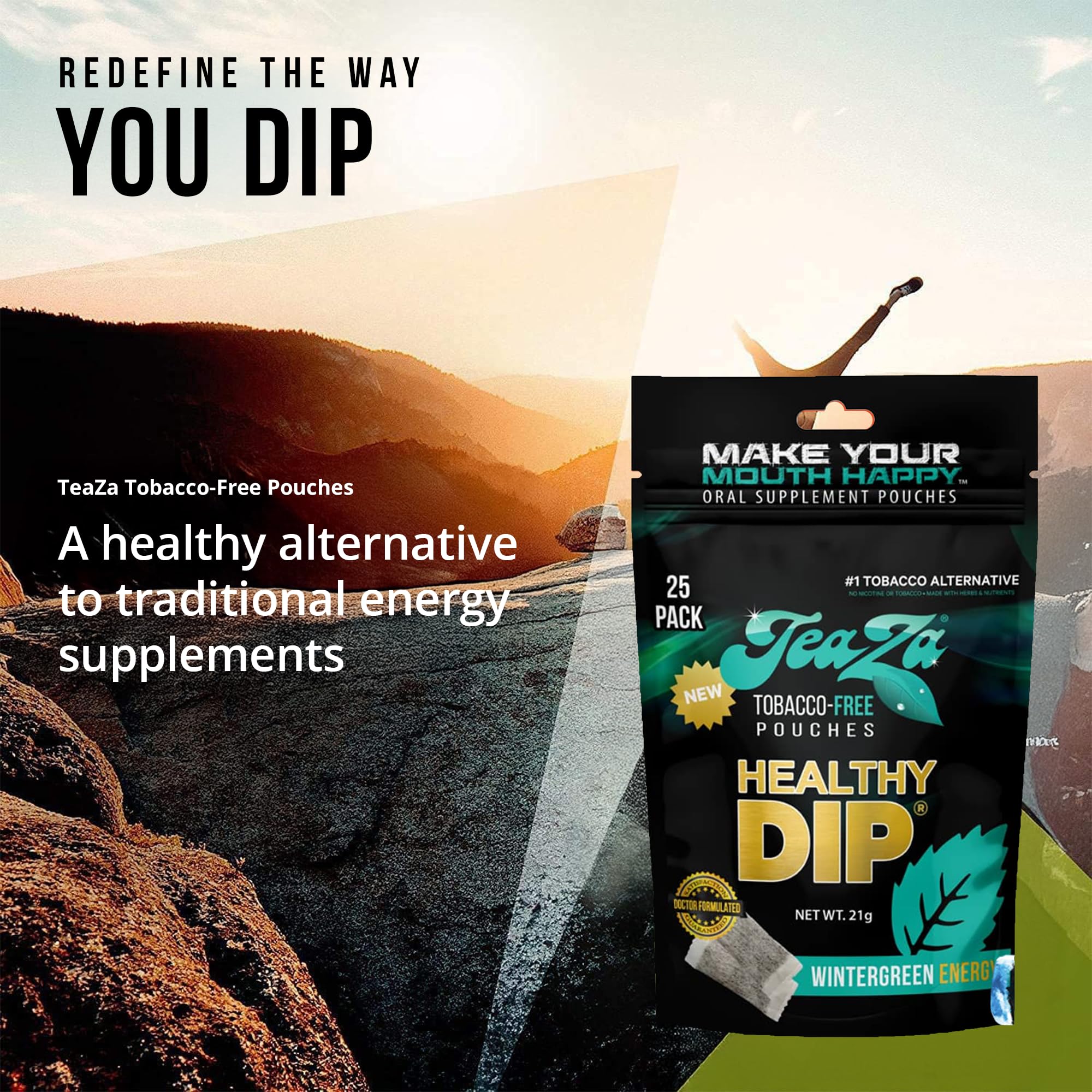 TeaZa Wintergreen Energy pouches tea infusion concept delivering refreshing mint energy.
