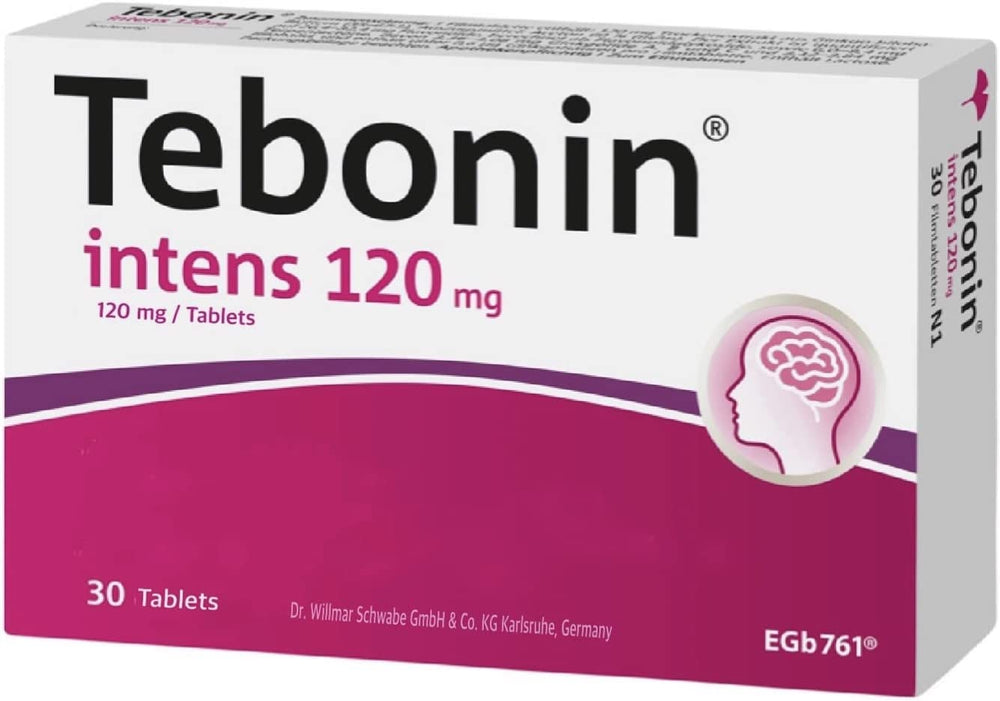 Tebonin EGB761 tablets in bottle for convenient daily use and peripheral support.