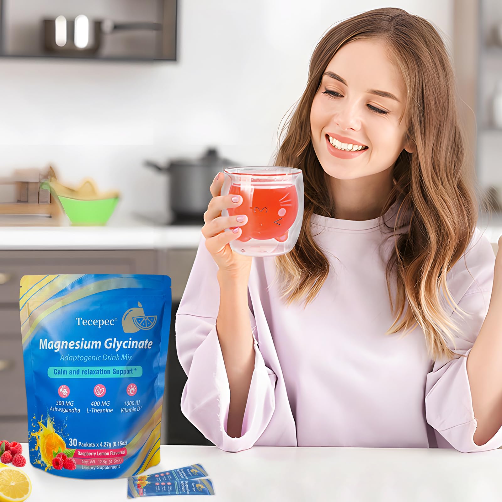 Tecepec Cortisol Powdered Drink Mix raspberry lemonade flavor, vibrant taste with potential mood balance.