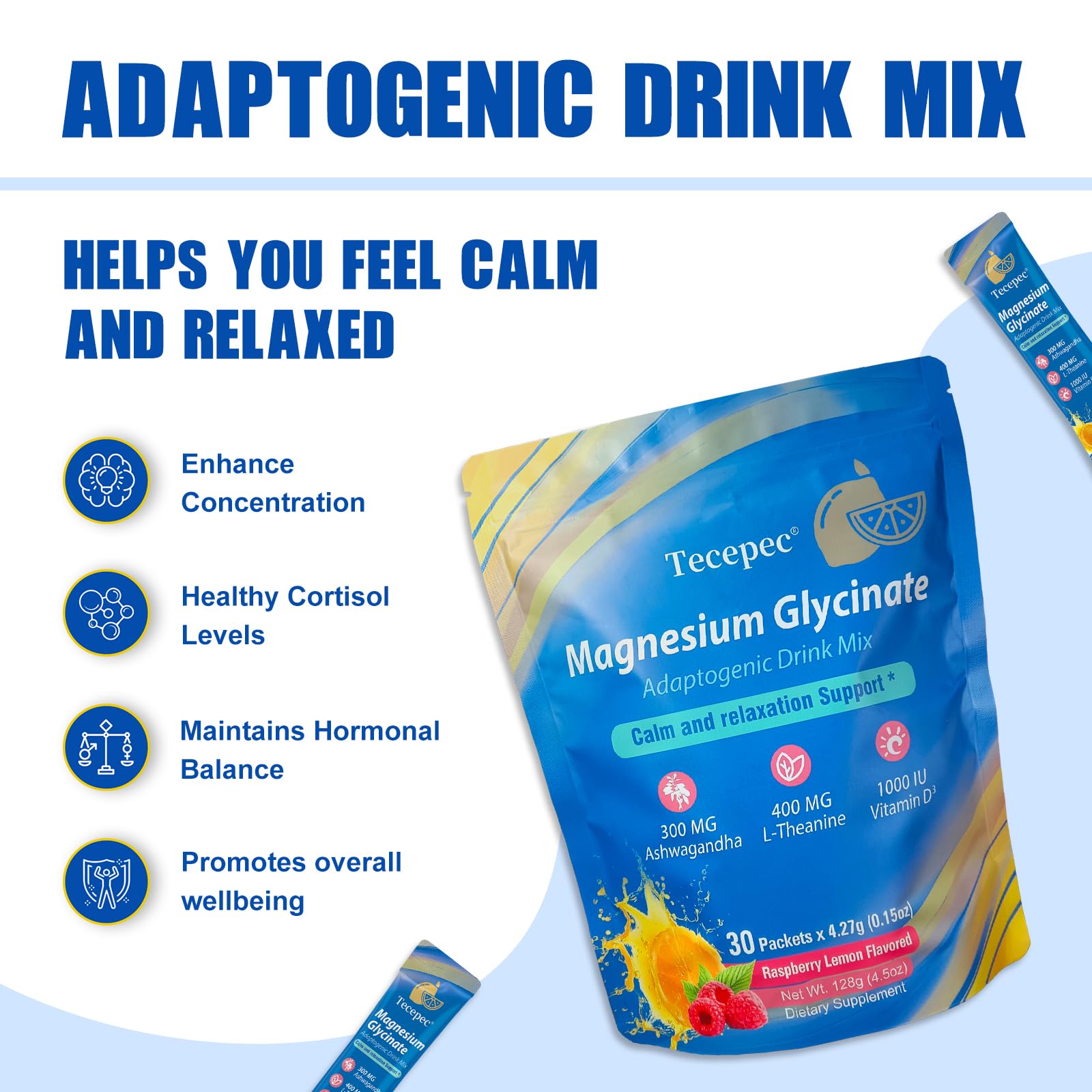 Tecepec Cortisol Powdered Drink Mix sachets collection, portable stress-support on the go.