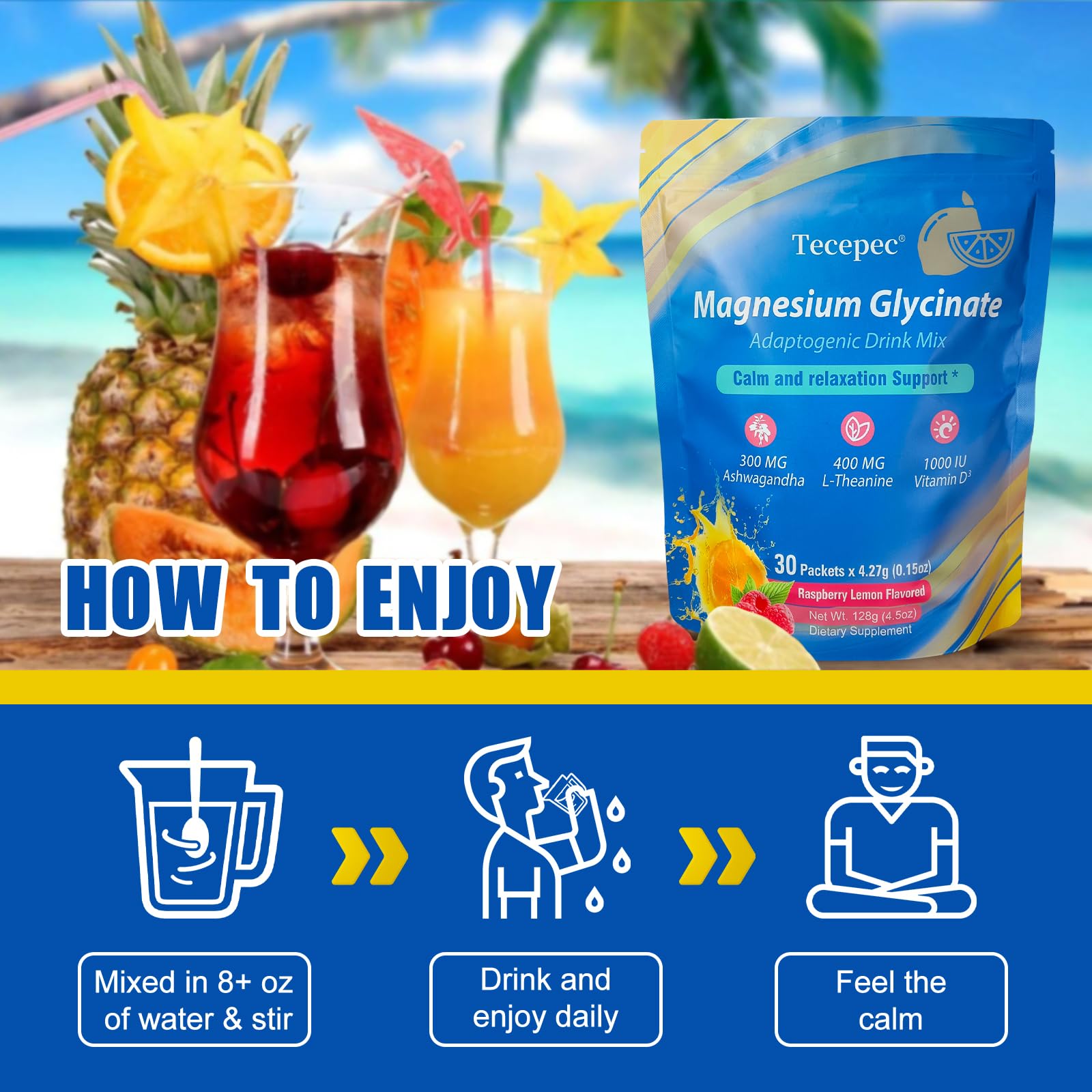 Tecepec Cortisol Powdered Drink Mix serving scoop, quick mix into water or juice.