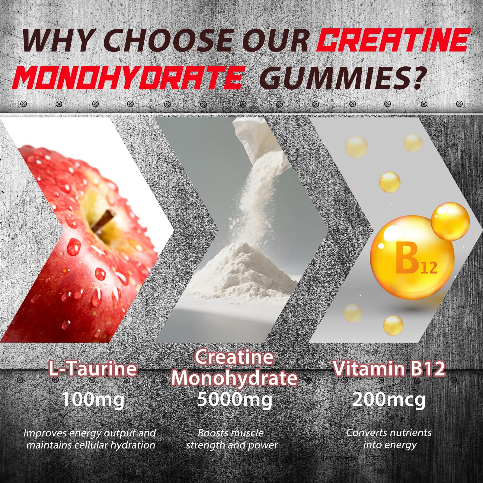 Tecepec Creatine Monohydrate Gummies apple-flavor pack emphasizes easy dosing and vegan formula.