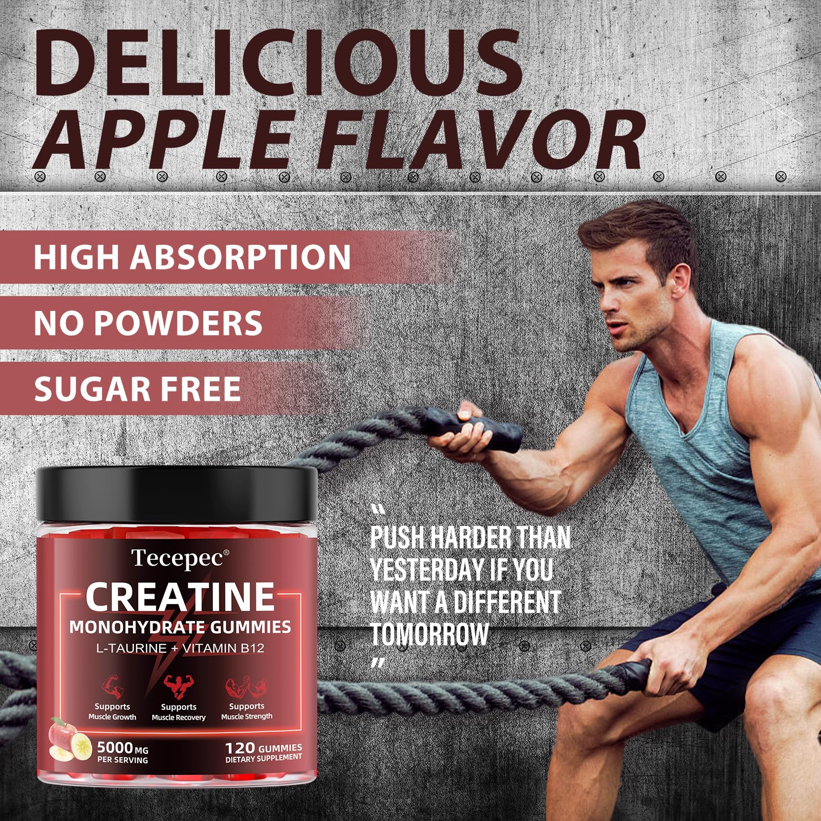 Tecepec Creatine Gummies in a gym setting suggest pre- or post-workout use.