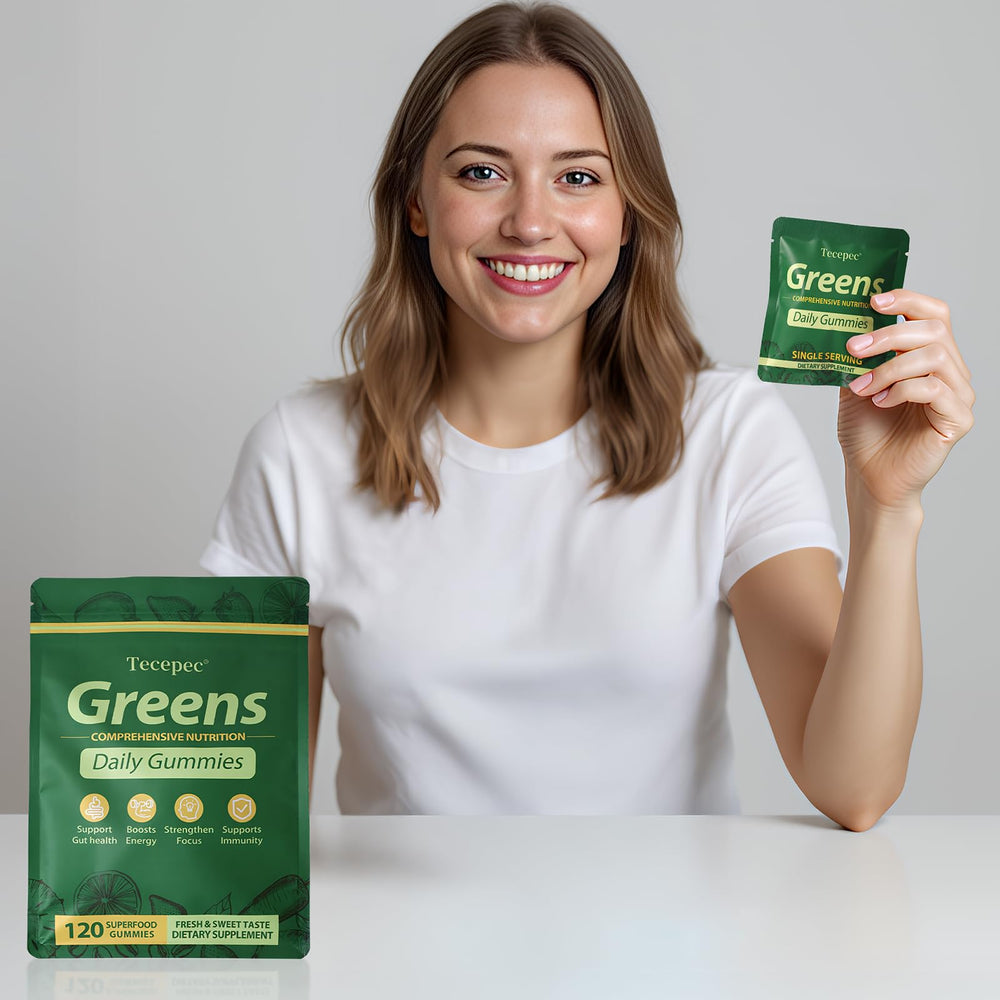 Tecepec Greens Daily Gummies on kitchen counter—gluten-free and allergen-friendly.