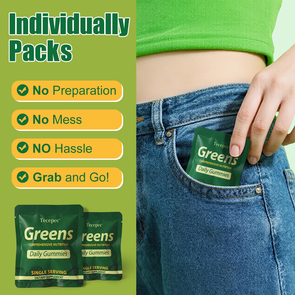 Tecepec on-the-go packets show eight gummies for convenient daily use.