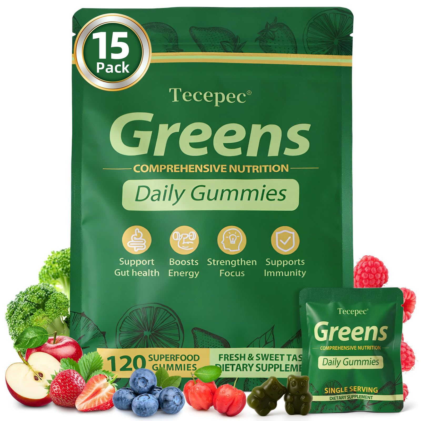 Tecepec Greens Daily Gummies bottle with label for daily digestive comfort.
