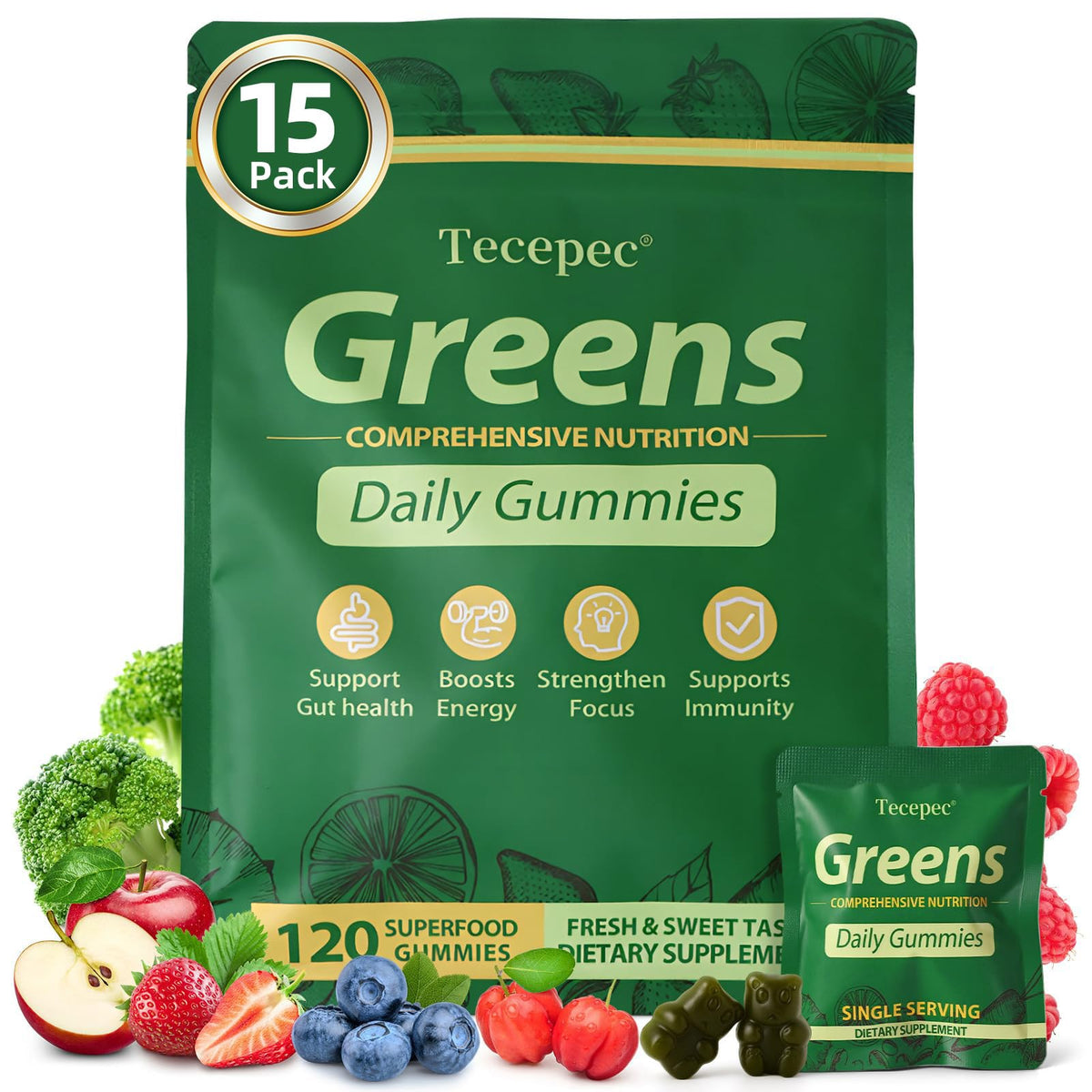 Tecepec Greens Daily Gummies bottle with label for daily digestive comfort.