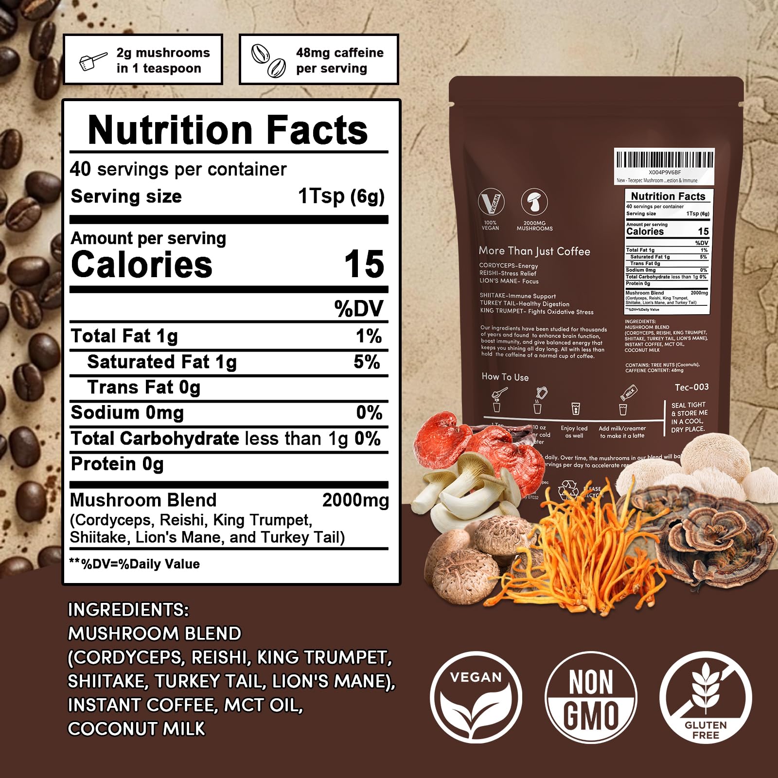 Tecepec Mushroom Coffee bag closeup highlighting the 6 adaptogenic mushrooms.
