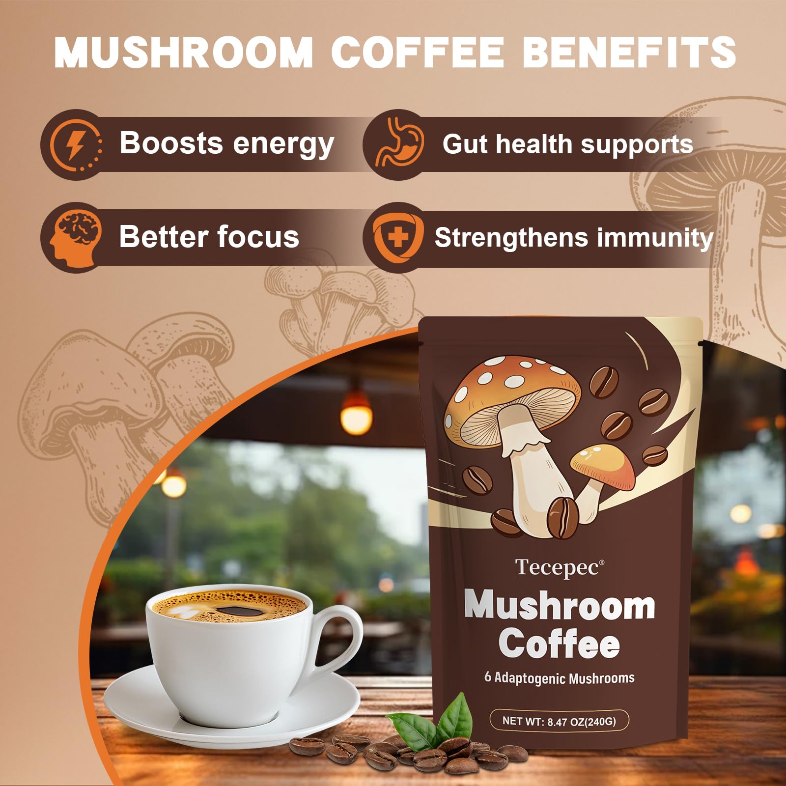 Tecepec Mushroom Coffee ingredients array emphasizing adaptogens.