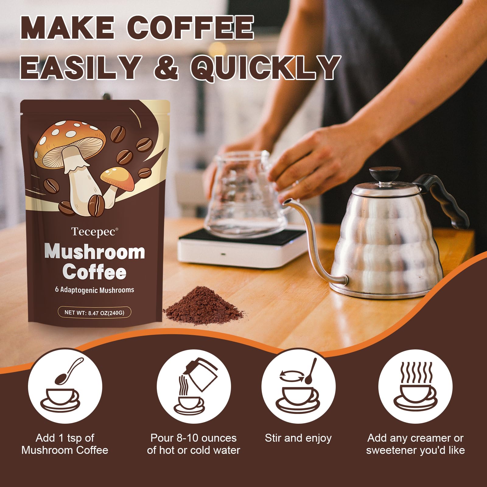 Tecepec Mushroom Coffee poured hot or iced for versatile use.