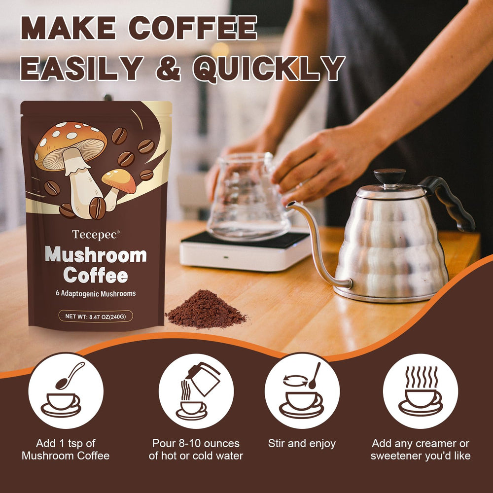 Tecepec Mushroom Coffee poured hot or iced for versatile use.