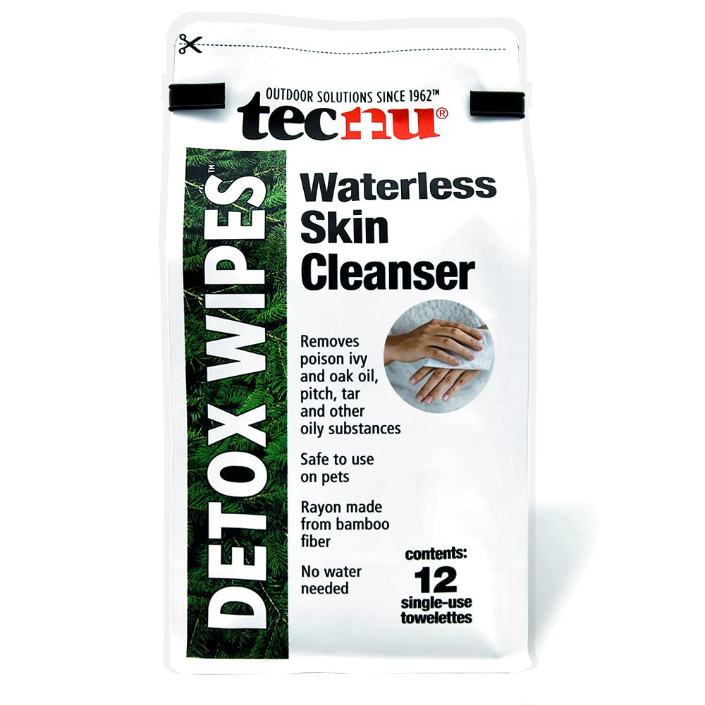 Tecnu Detox Wipes removing pitch and tar from skin during outdoor tasks.