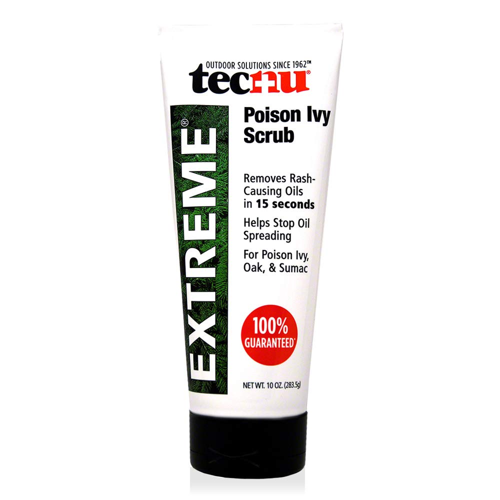 Tecnu Extreme Poison Ivy & Oak Scrub 10oz bottle showing urushiol removal potential for rash control.