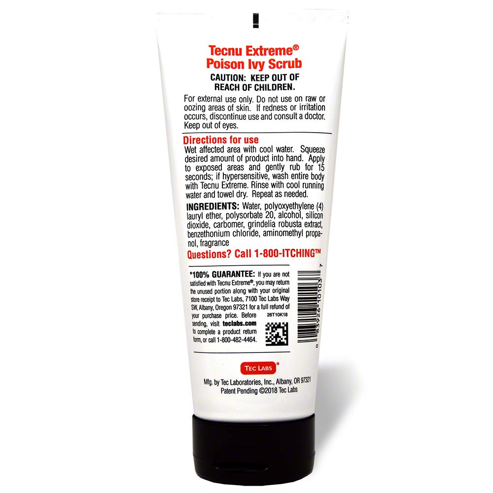 Tecnu Extreme label close-up highlighting urushiol-removing formula for skin care.