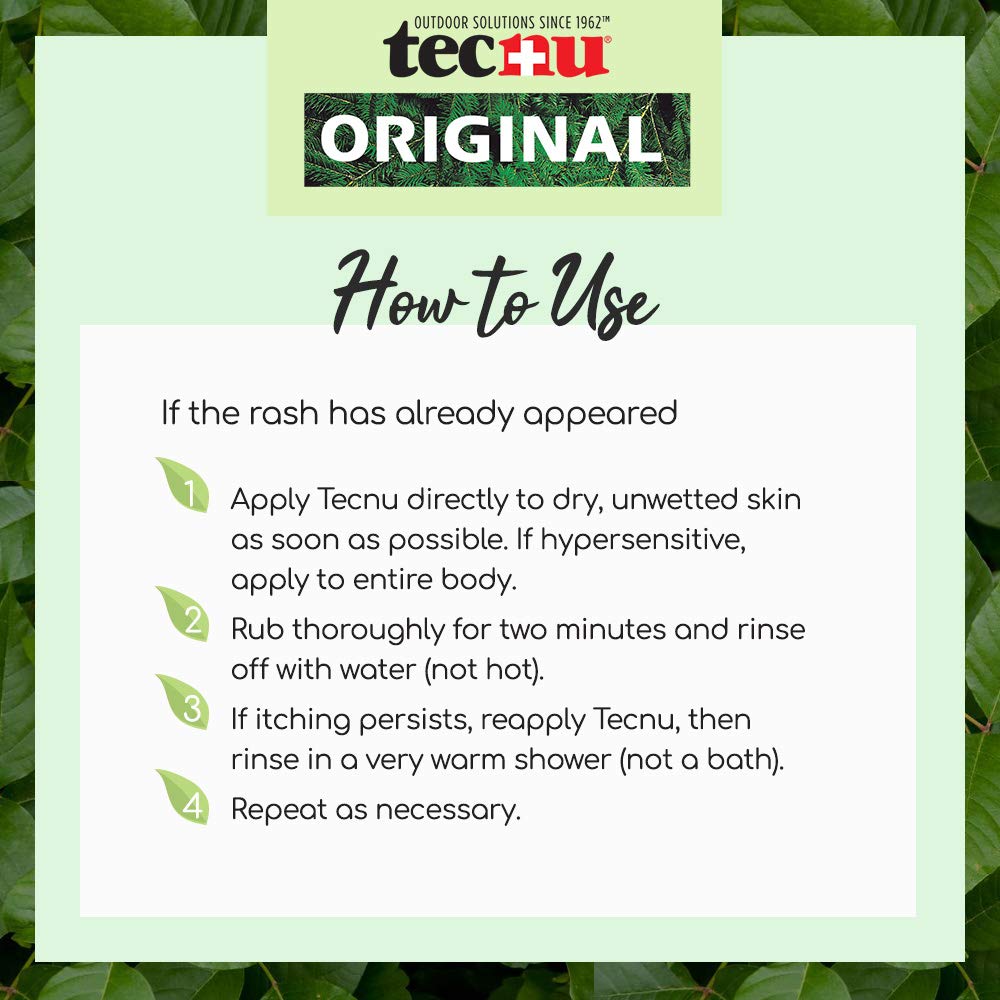 Outdoor hiker uses Tecnu Original as a first-step cleanup after exposure.