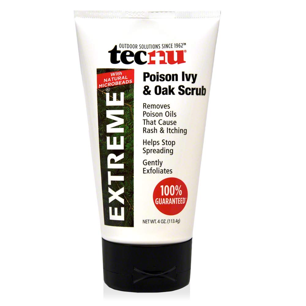 Tecnu Extreme Poison Ivy and Oak Scrub bottle on counter for oil removal.