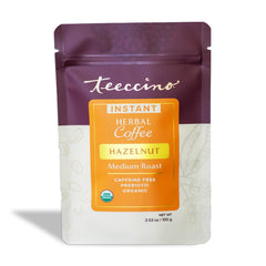 Teeccino Hazelnut Instant powder close-up, rich and soothing caffeine-free flavor.