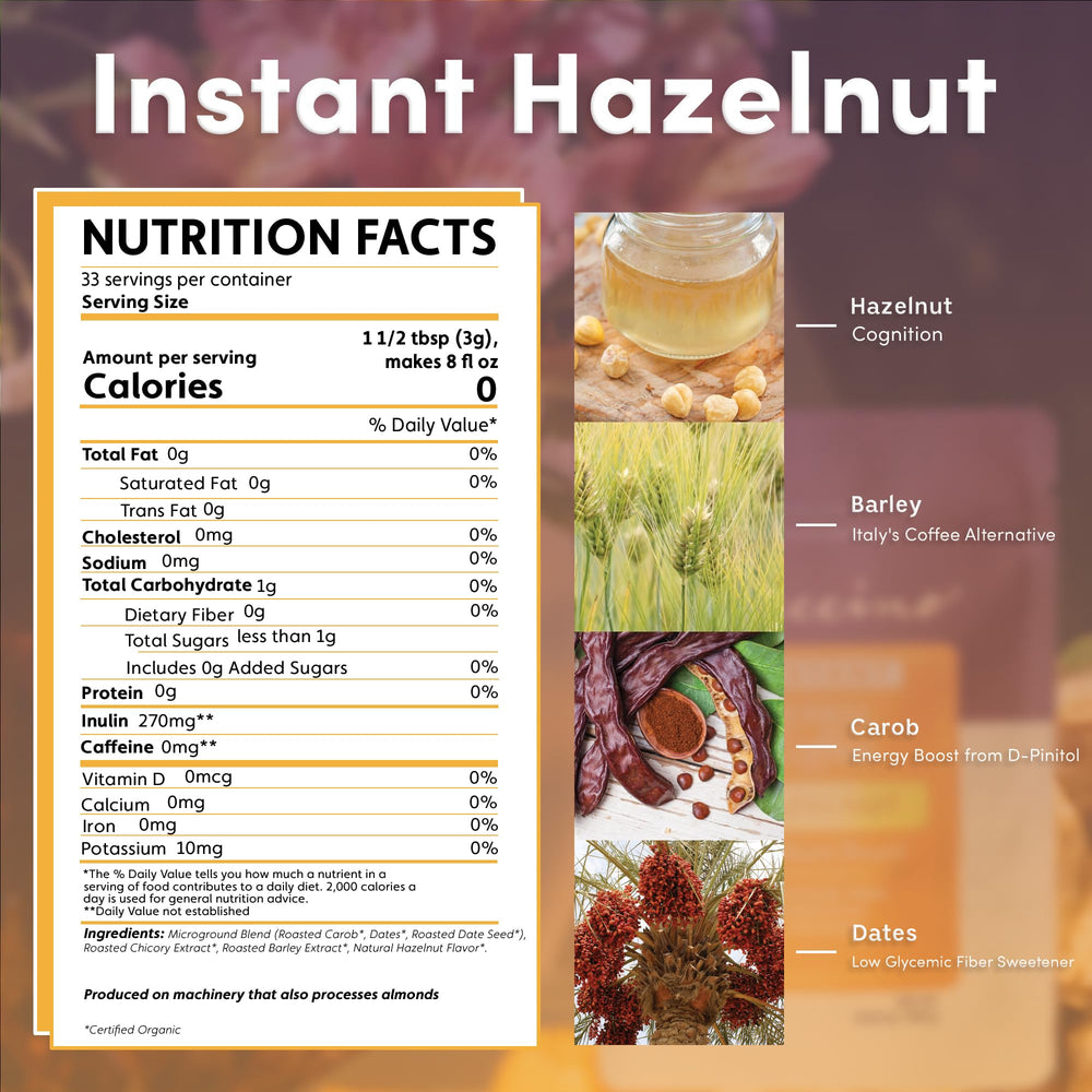 Teeccino Hazelnut Instant cup steaming, hot beverage option that fits any time of day.
