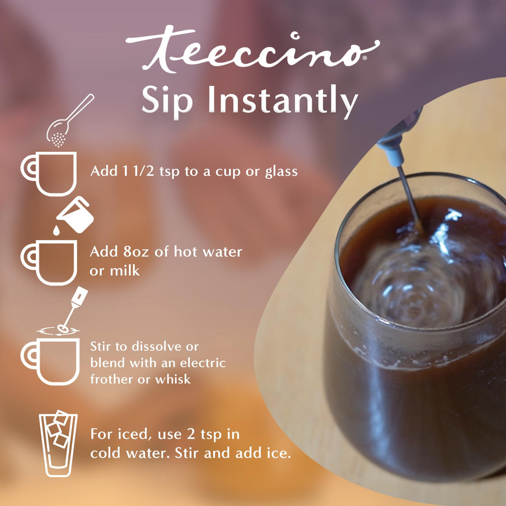 Teeccino Hazelnut Instant packaging front, sustainable organic option for quick, satisfying breaks.