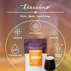 Teeccino Hazelnut Instant stir in glass, convenient on-the-go caffeine-free indulgence.