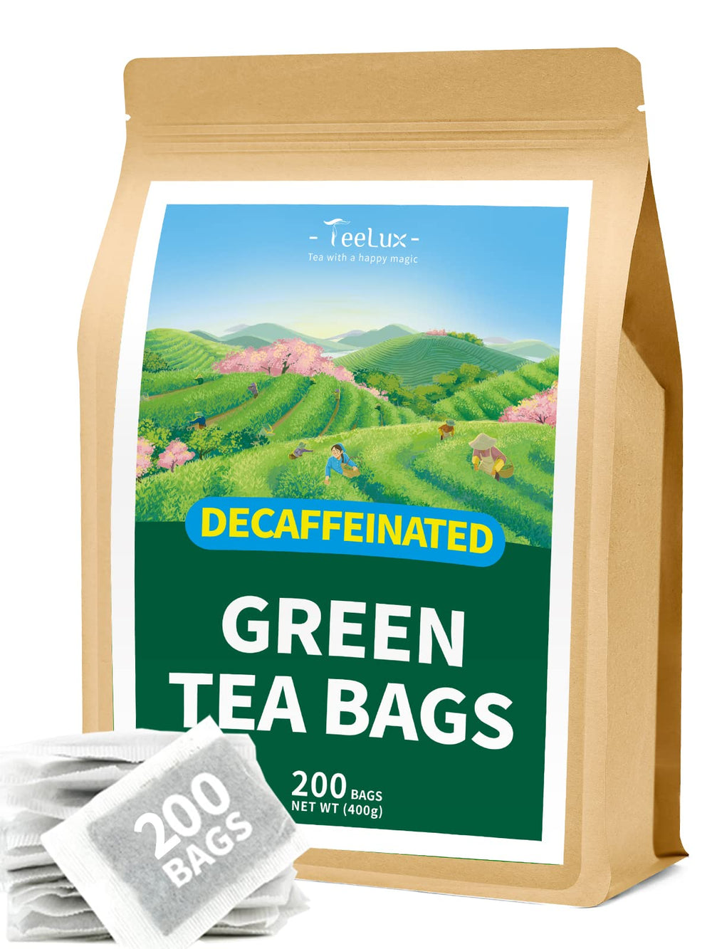 TeeLux decaf green tea bags close-up, smooth, delicate flavor for everyday sipping.