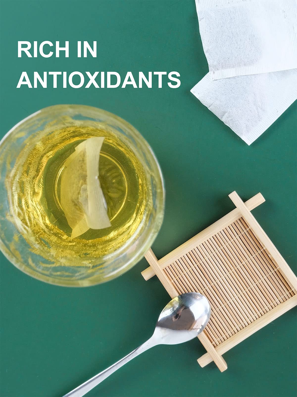 TeeLux green tea bags provide a mild caffeine lift for focus and clarity.
