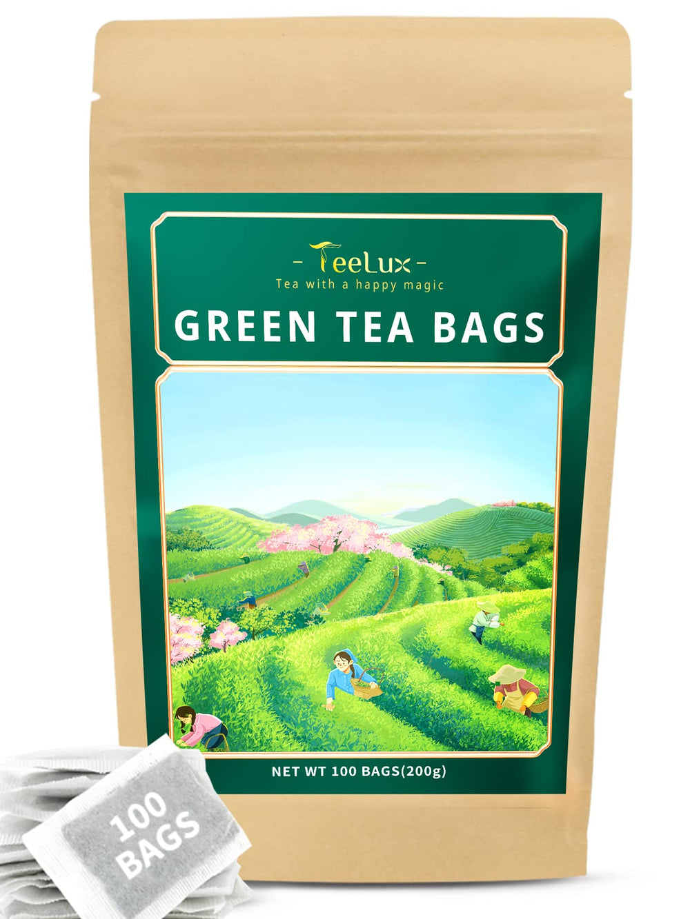 TeeLux Green Tea Bags package showing eco-friendly 100-count box for everyday use.