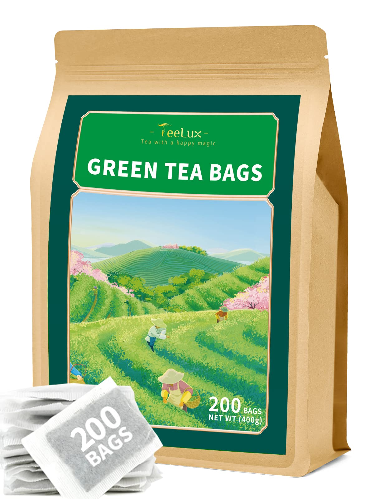 TeeLux green tea bags packaging highlights eco-friendly design for everyday use.