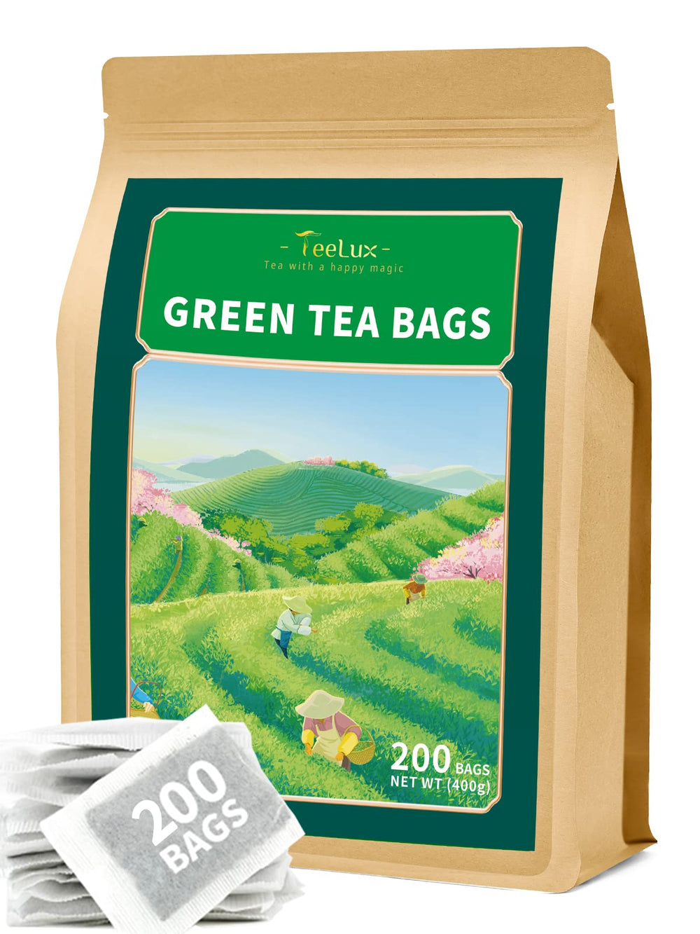 TeeLux green tea bags packaging highlights eco-friendly design for everyday use.
