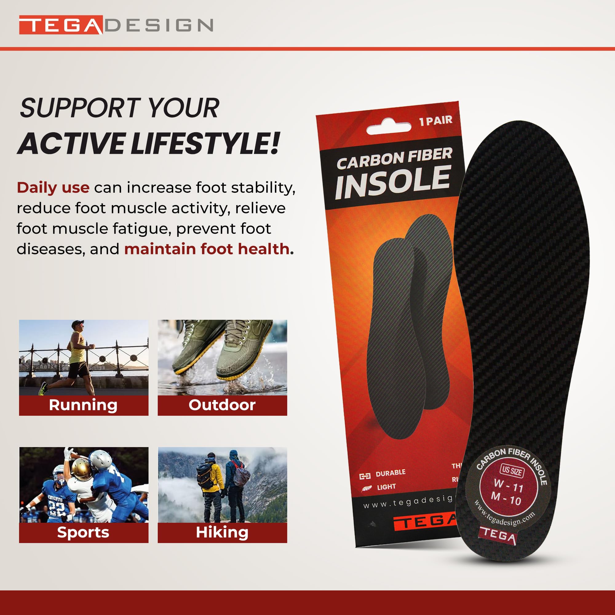 TEGA carbon fiber insole packaging image communicating pair value and size guidance