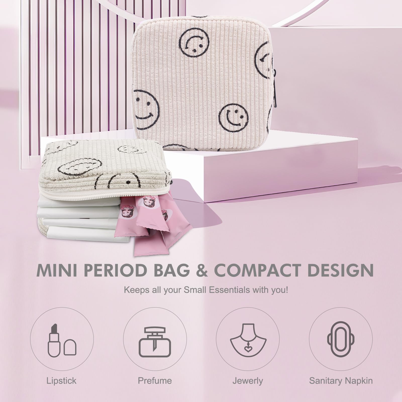 Teircno interior divider keeps tampons and liners neatly separated.