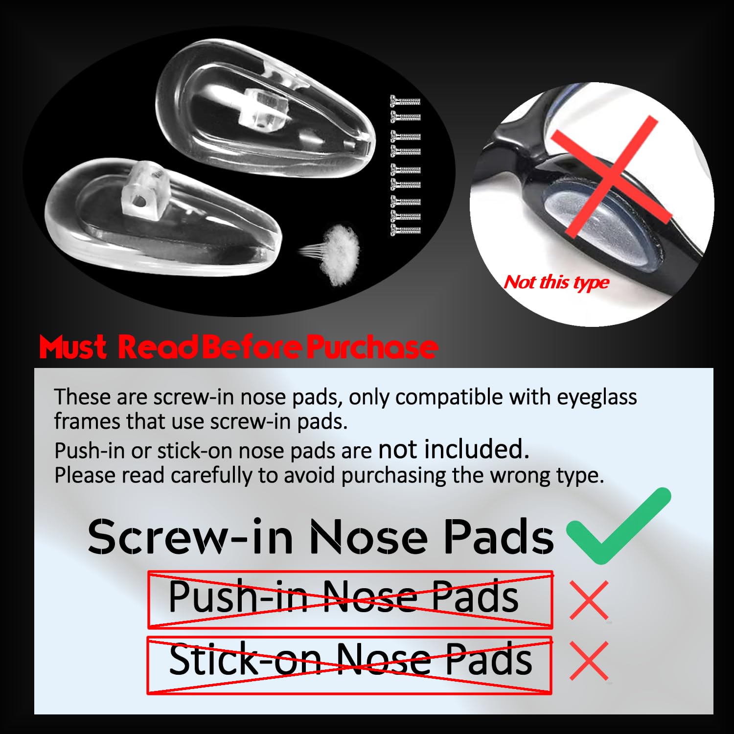 TEKPREM screw-in nose pads five pairs for quick comfortable adjustments.