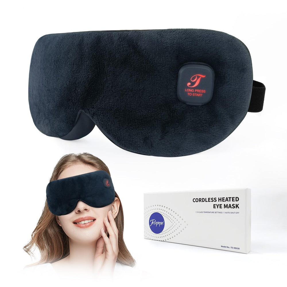 Telepepe heated eye mask cordless design for unrestricted use at home or on the go.
