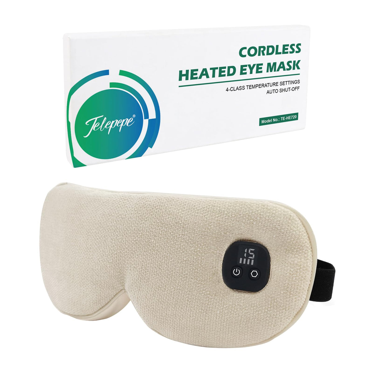 Telepepe heated eye mask with digital display shows customizable warmth and time, for eye comfort.