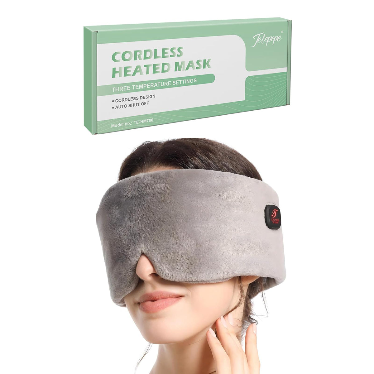 Telepepe heated eye mask in grey showing portable warmth for eye comfort