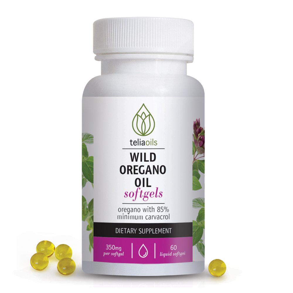 Teliaoils Wild Oregano Oil Softgels bottle for easy daily use.