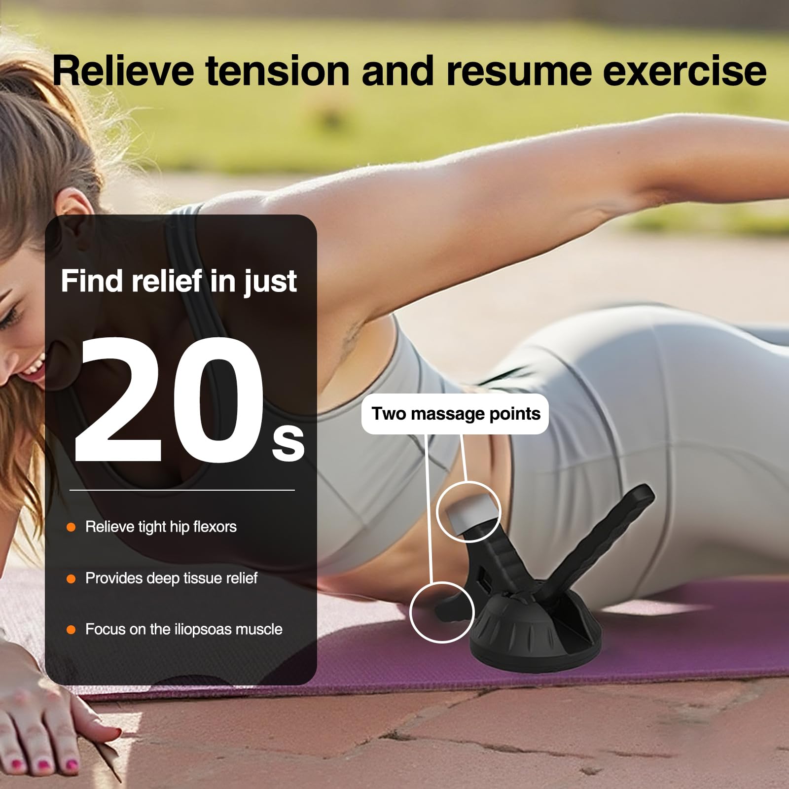 Telyora Psoas Release Tool side view; ergonomic grip for comfortable self-massage.