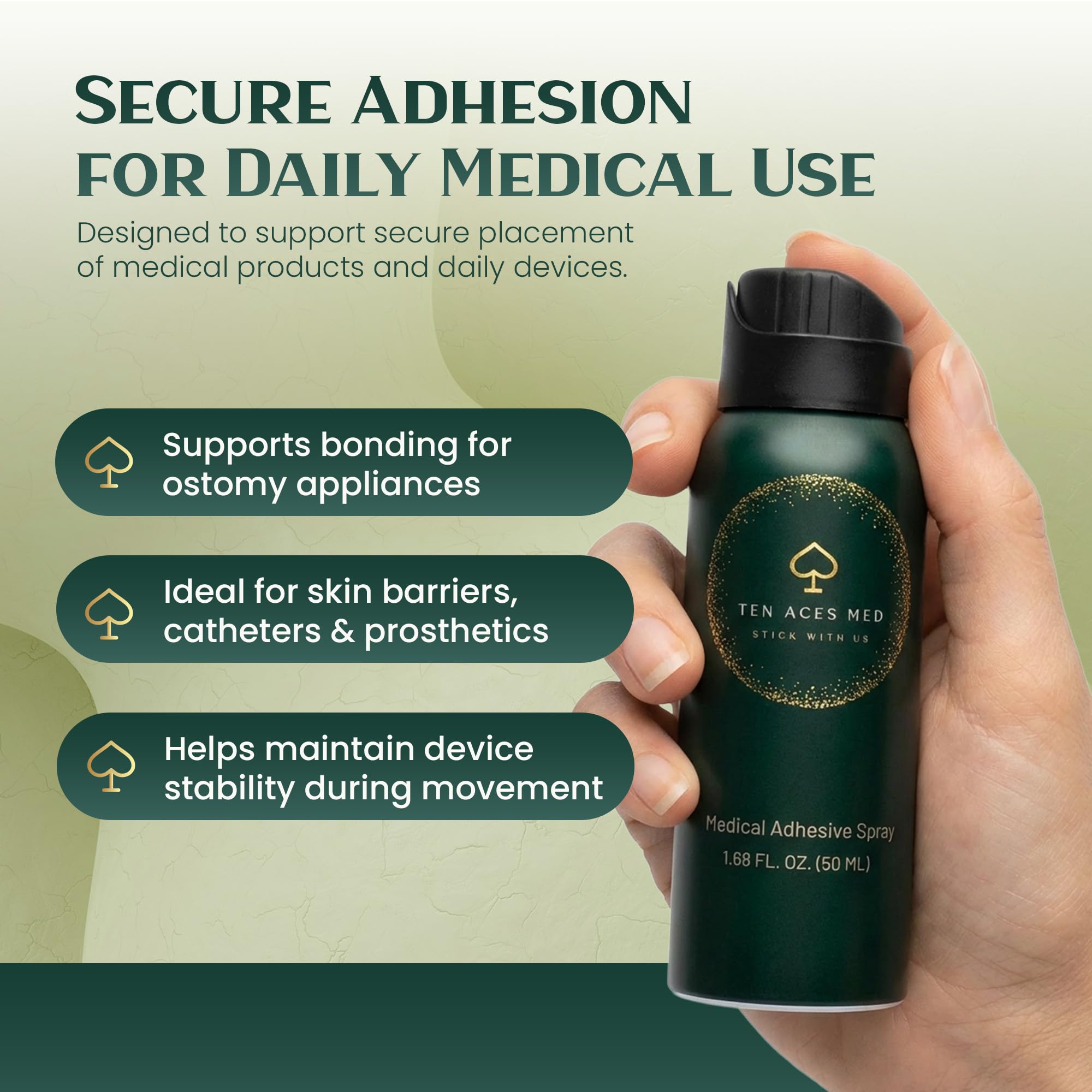 Ten Aces Medical Adhesive Spray applied to ostomy barrier for secure wear.