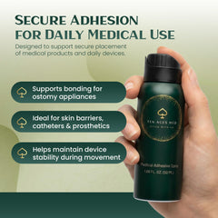 Ten Aces Medical Adhesive Spray applied to ostomy barrier for secure wear.