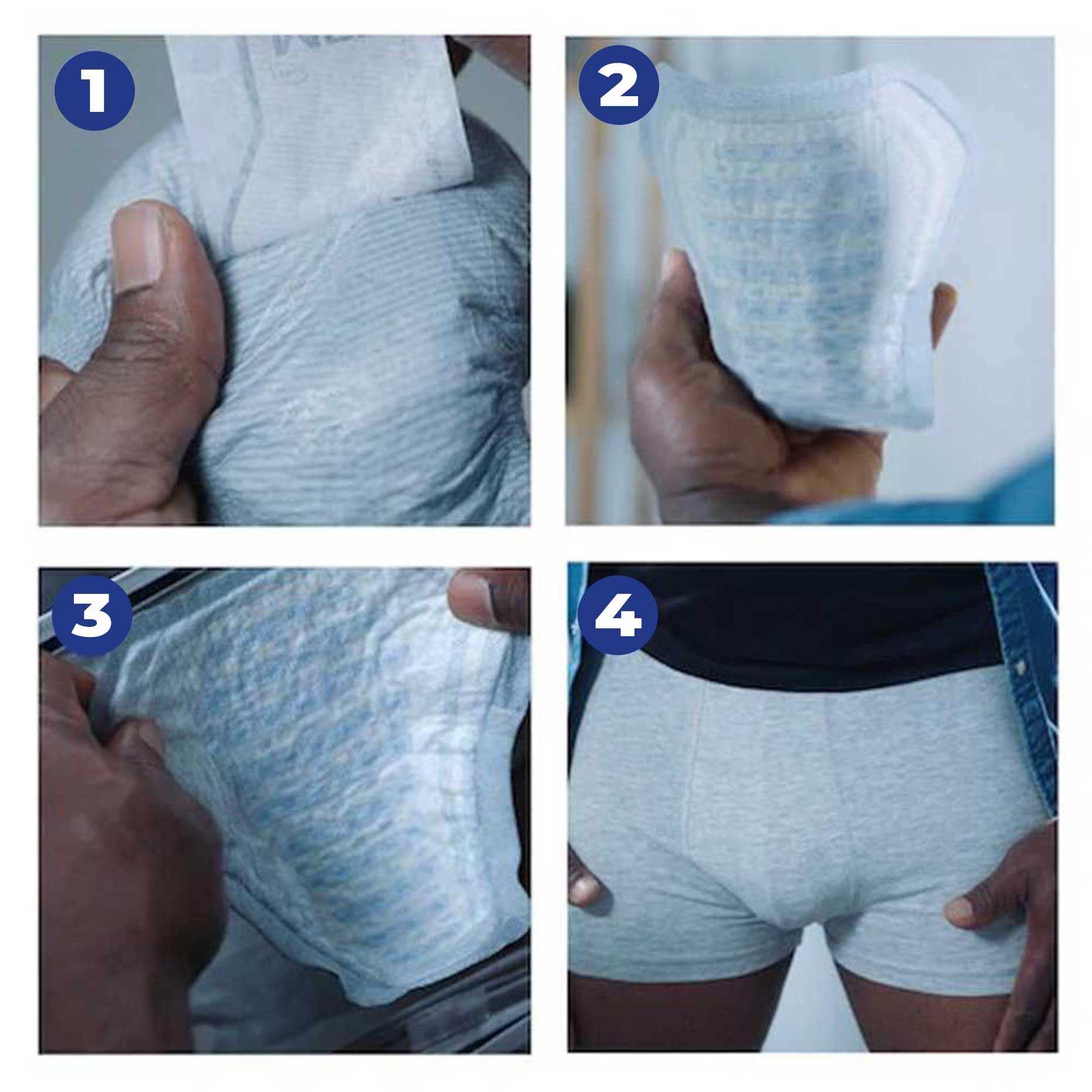 TENA pad uses adhesive strip to stay in close-fitting underwear.