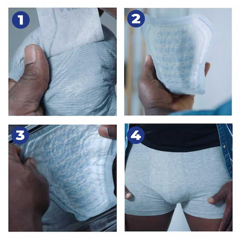 TENA pad uses adhesive strip to stay in close-fitting underwear.